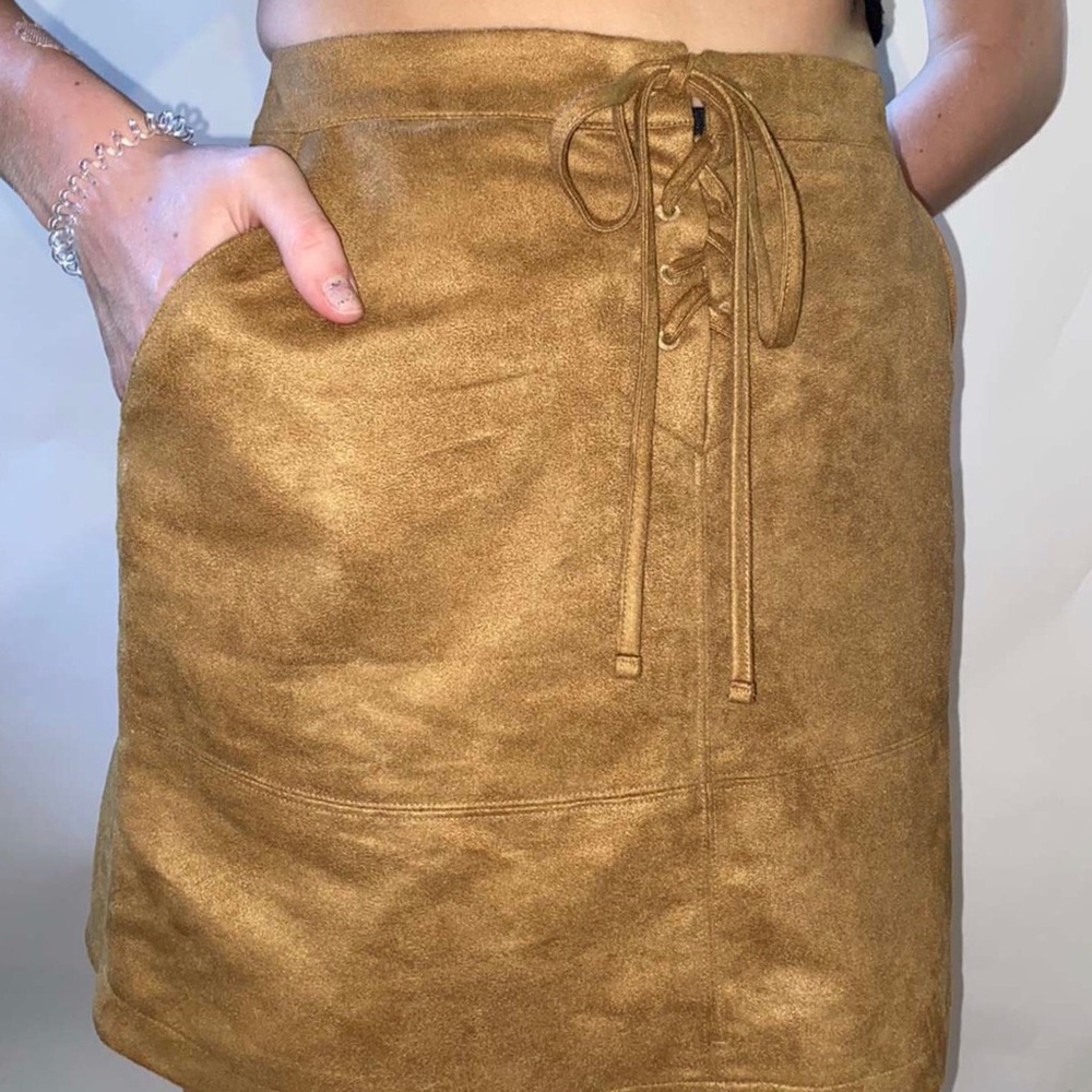 Brown Lace-Up Faux-Suede Skirt
